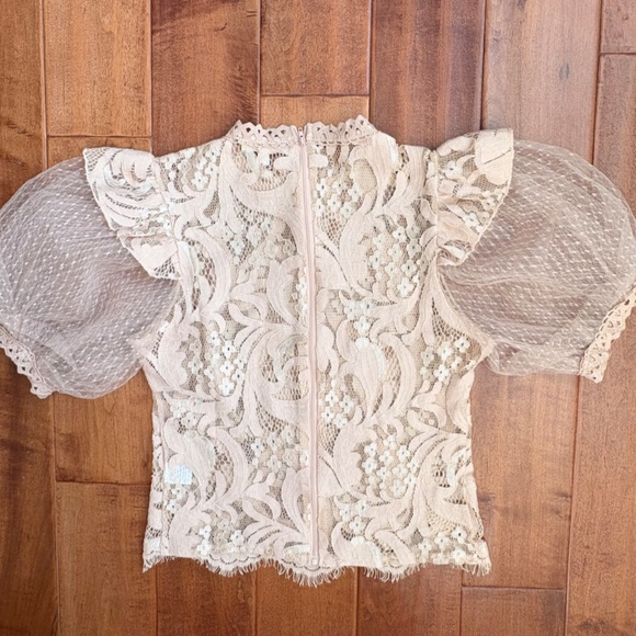 Vintage Lace High-Neck Puff-Sleeve Blouse by Peach Womens S Blush-Pink - Picture 7 of 12
